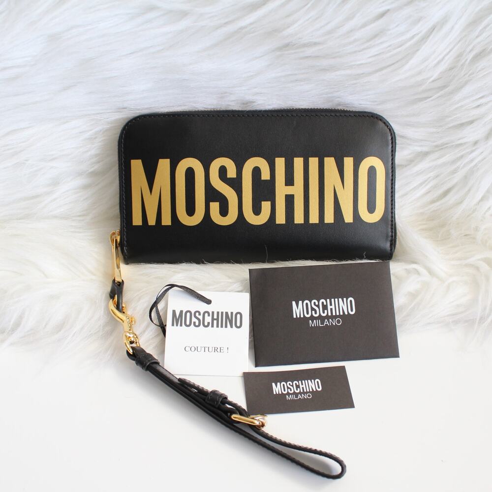 Moschino Black Gold Logo Continental Zip Around Wallet Wristlet New